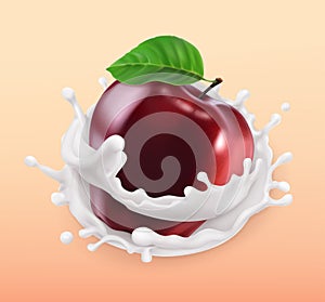 Apple and milk splash. Fruit and yogurt. 3d vector icon