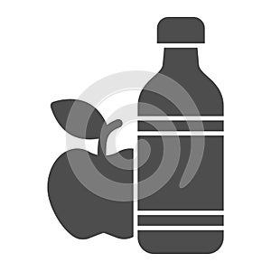 Apple and mineral water solid icon, healthy lifestyle concept, bottle of water and fruit sign on white background