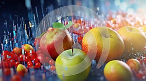 Apple and mix-fruits on the abstract light field hologram bokeh blurred background. AI generated 3D image.