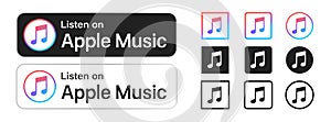 Apple music. Apple music logo App and badge set. Listen on app music UI icons. Popular set of logo apple music in different style