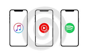 Apple music, spotify, youtube music. - Collection of popular Music streaming services logo. Editorial vector illustration.