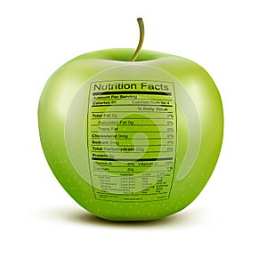 Apple with nutrition facts label.