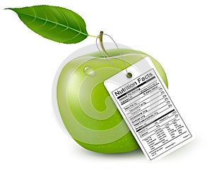 An apple with a nutrition facts label.