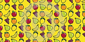 Apple orange banana grapes lemon and pear fruit seamless repeat pattern