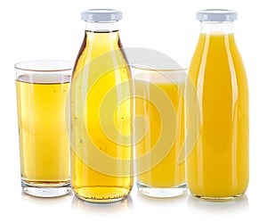 Apple and orange juice drinks fresh glass bottle isolated on white
