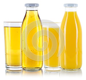 Apple and orange juice fresh glass bottle isolated on white