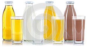 Apple orange juice milk and chocolate drink bottle glass isolated on white