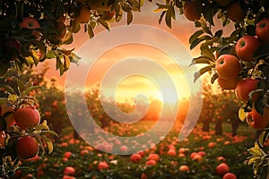 Apple orchard bliss Warm sunset, sprawling orchard, with text space