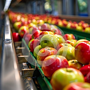 Apple Packing Line, Fruit Washing, Apple Automated Sorting on Conveyor, Food Industry, Automatic Technology