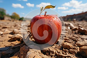 Apple on parched desert ground conveys food insecurity, water shortage, agricultural crisis