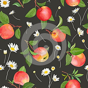 Apple pattern with daisy, autumn fruits, leaves, flowers background. Vector seamless texture