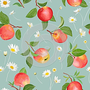 Apple pattern with daisy, autumn fruits, leaves, flowers background. Vector seamless texture illustration