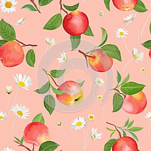 Apple pattern with daisy, tropic fruits, leaves, flowers background. Vector seamless texture illustration