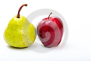 Apple and pear closeup on white background