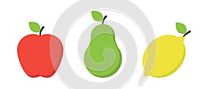 Apple, pear, lemon fruit vector icons set. Organic nutrition healthy food symbol. Fruits design elements