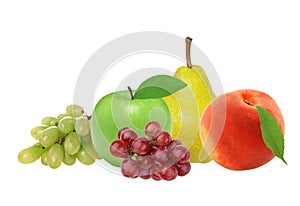 Apple, pear, peach and grape isolated on white