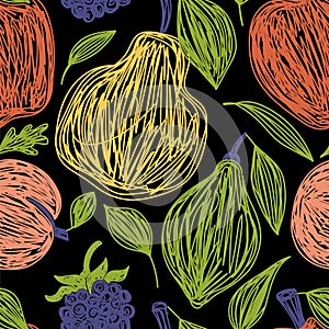 Apple, pear, peach, lime and blackberry. Fruit bundle seamless pattern. Color vector illustration set. Pen or marker