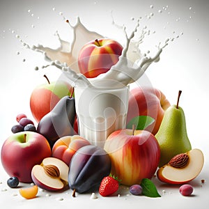 apple, pear, peach, plum with milk splash in glass isolated on white background