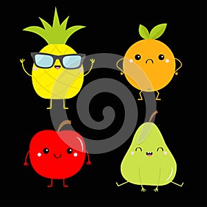 Apple pear pineapple orange fruit icon set. Cute cartoon kawaii smiling funny baby character. Happy, sad, angry, smiling emotions