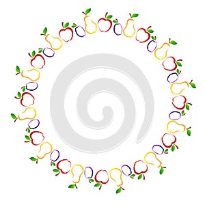 apple, pear and plum art drawn line fruit round frame