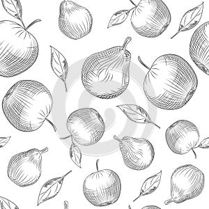 Apple and pear seamless pattern on white background.