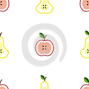 Apple pear seamless vector pattern. sliced half fruits