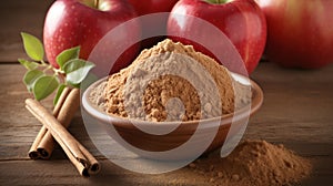 Apple pectin fiber powder in wooden bowl and fresh red apple