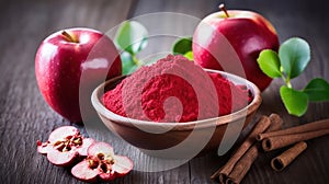 Apple pectin fiber powder in wooden bowl and fresh red apple