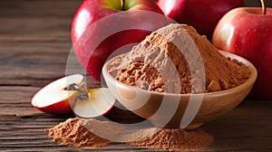 Apple pectin fiber powder in wooden bowl and fresh red apple