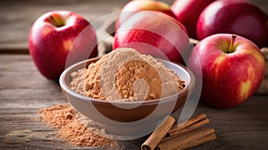 Apple pectin fiber powder in wooden bowl and fresh red apple