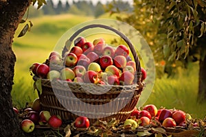 apple picking basket filled with freshly harvested fruits