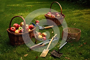 apple picking tools and baskets on grass