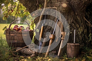 apple picking tools resting beside a tree trunk