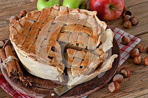 Apple pie closeup on a table