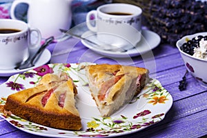 Apple pie, cottage cheese with blueberries and coffee