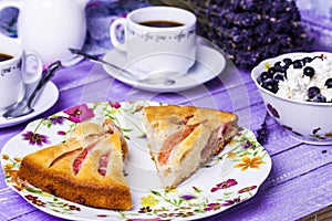 Apple pie, cottage cheese with blueberries and coffee