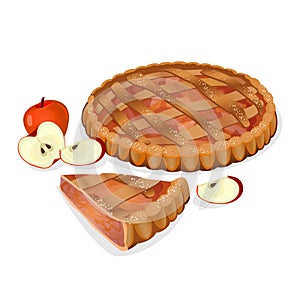 Apple pie with fruits, cut slice isolated. Traditional homemade tasty cake.