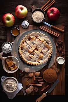Apple pie and its ingredients on the table close-up