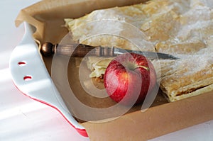 Apple Pie in Red Porcelain Baking Tray - Close Up