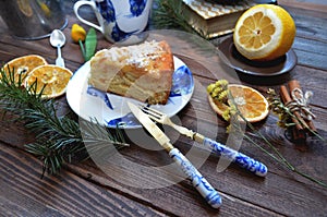 Apple pie with vintage knife and fork painted blue flowers