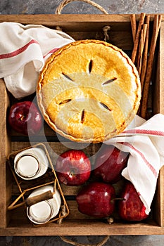Apple pie in a wooden crate