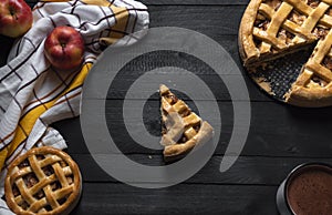 Apple pies and one slice in the middle. Top view. Sweet pastry