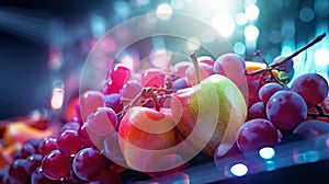 Apple and pile of grapes with water drop on the abstract light bokeh blurred background. AI generated 3D image.