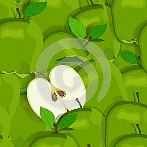 Apple pile seamless pattern and half. Green apples fruits