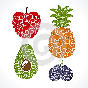 Apple, pineapple, plums, avocado color vector illustration isolated on white background