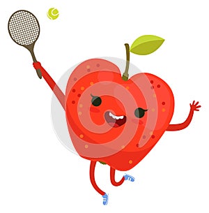 Apple playing tennis. Cartoon fruit. Sport character