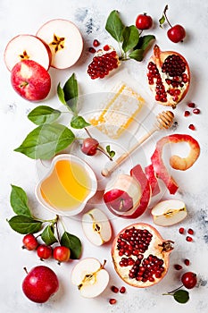 Apple, pomegranate and honey, traditional food of jewish New Year - Rosh Hashana