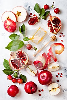 Apple, pomegranate and honey, traditional food of jewish New Year - Rosh Hashana