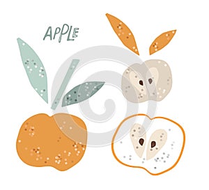 Apple print in Printmaking style. Abstract natural poster in pastel colors with raster texture effect. Hand-drawn apple