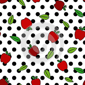 Apple red and dark red, and leaves, vector illustration with black oulines and large black polka dots over white background seamle